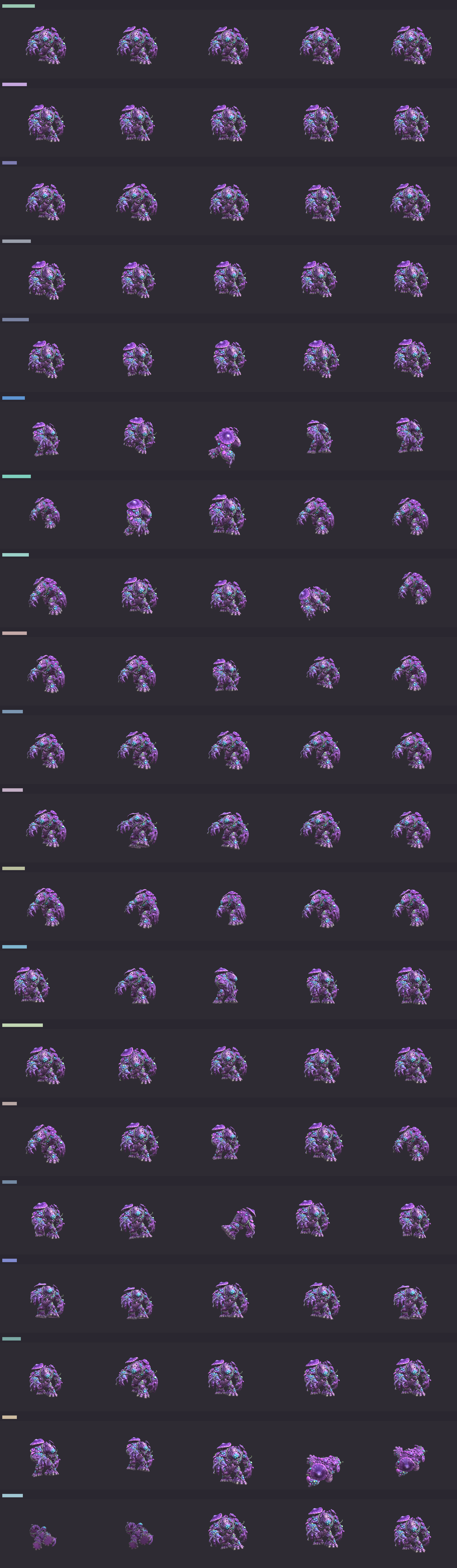 Contact sheet showing Violet Mycelium Colossus animation poses